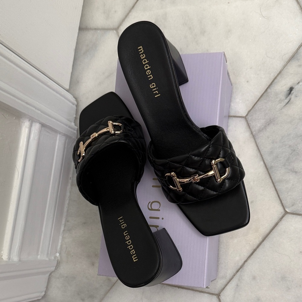 Madden Girl Black Quilted Mules with Gold Accents